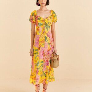 Yellow Macaw Bloom Puff-Sleeve Midi Dress